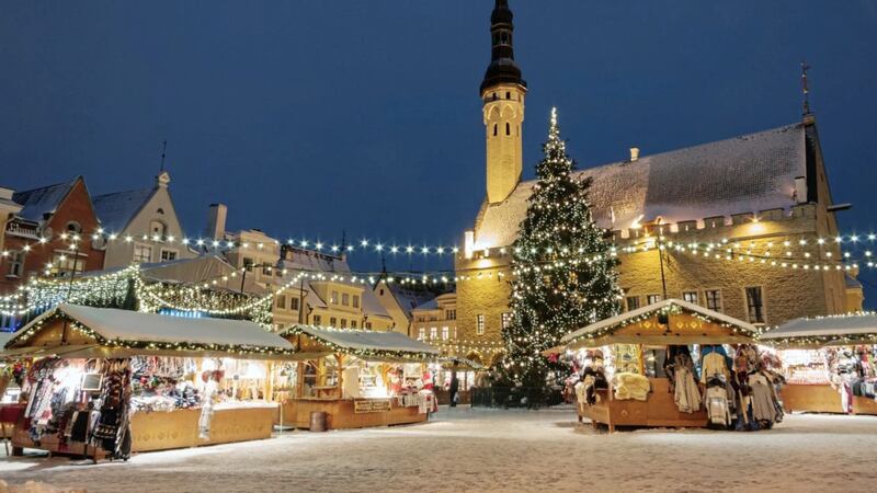 Christmas market at town hall square in the Old Town of Tallinn, Estonia 