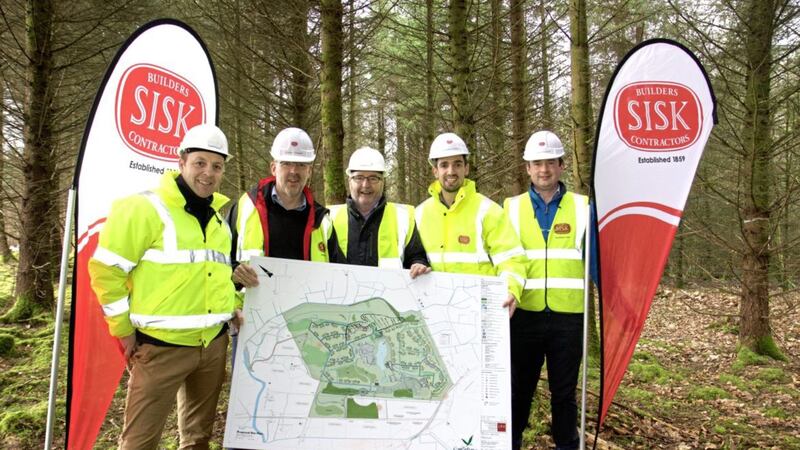 FastHouse will supply 470 holiday lodges at the new Center Parcs in Longford. Pictured at the site are Stephen Bell, FastHouse managing director; Alan Gammon, Jackson Design Associates; Kevin Lagan, FastHouse; Brian Kennedy and Cormac Fitzpatrick, Sisk. 