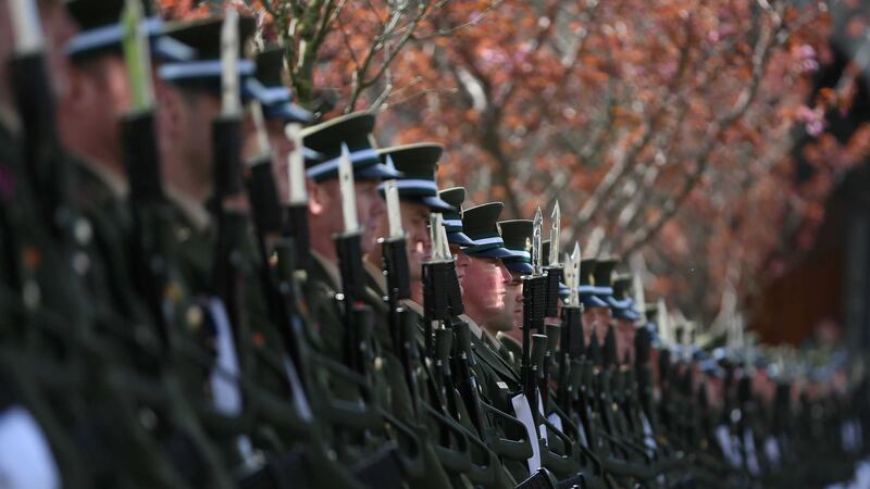 Soldiers in formation during the state religious ceremony, to commemorate the centenary of the 1916 Easter Rising leaders at Arbour Hill Cemetery, Dublin. Picture by&nbsp;Niall Carson, Press Association<br />&nbsp;