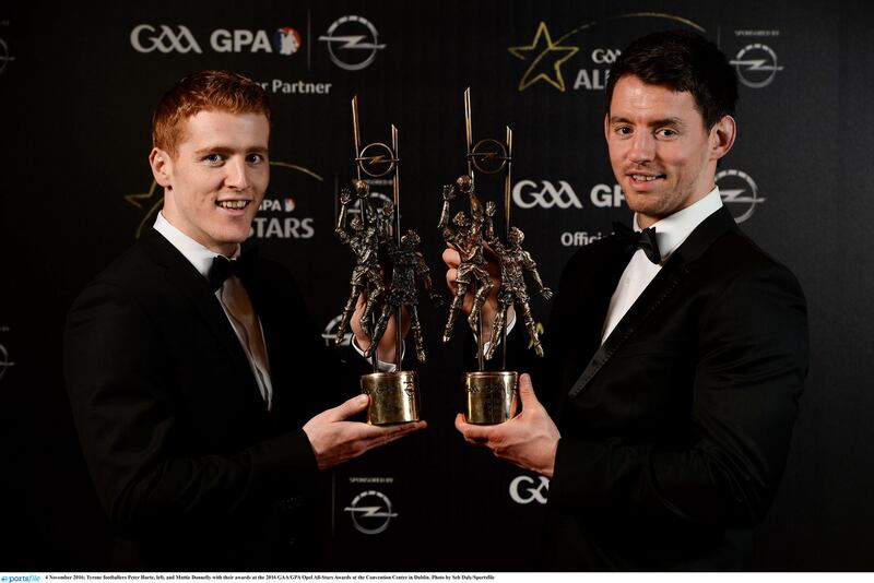 &nbsp;Tyrone footballers Peter Harte, left, and Mattie Donnelly with their awards at the 2016 GAA/GPA Opel All-Stars Awards at the Convention Centre in Dublin. Picture by Sportsfile&nbsp;