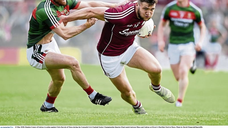 Damien Comer of Galway in action against Chris Barrett of Mayo during last weekend&#39;s Connacht SFC quarter-final. While Galway impressed with how they maintained their lead and closed out the game, a truer test will come when they are forced to chase a game 