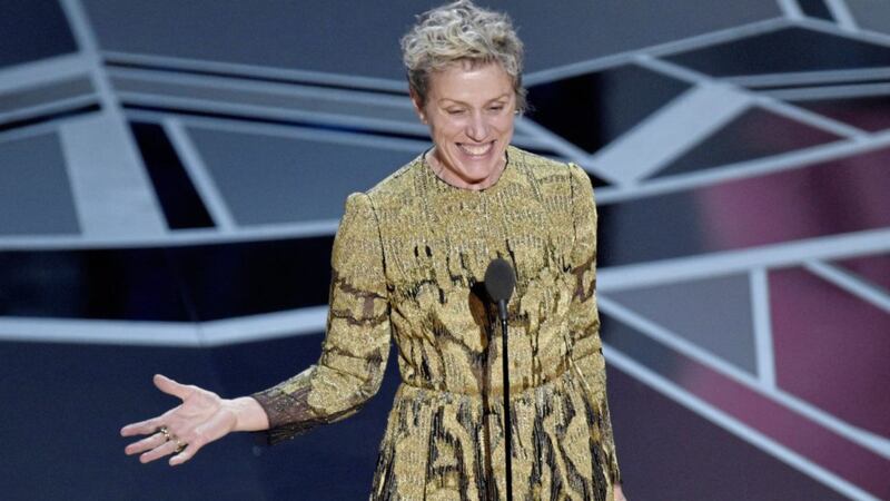 Frances McDormand accepts the award for best performance by an actress in a leading role for Three Billboards Outside Ebbing, Missouri at the Oscars. Picture by Chris Pizzello/Invision/AP 