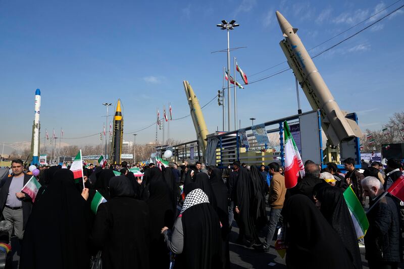 Domestically-built missiles and a satellite carrier were on display in Azadi (Freedom) Square in Tehran (Vahid Salemi/AP)