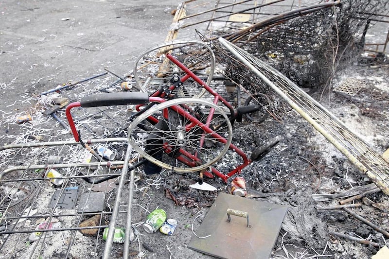 A wheelchair burned on the Sandy Row bonfire in Belfast city centre. Picture by Bill Smyth 