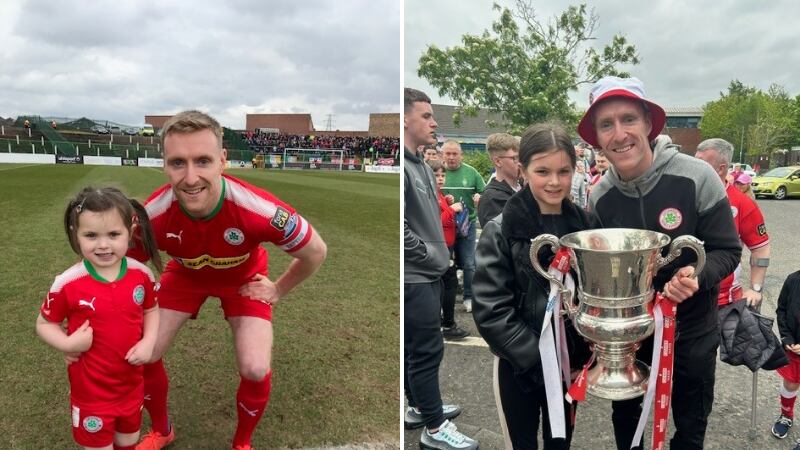 Ciara McVeigh, pictured with Cliftonville footballer Chris Curran in 2018 and earlier this week