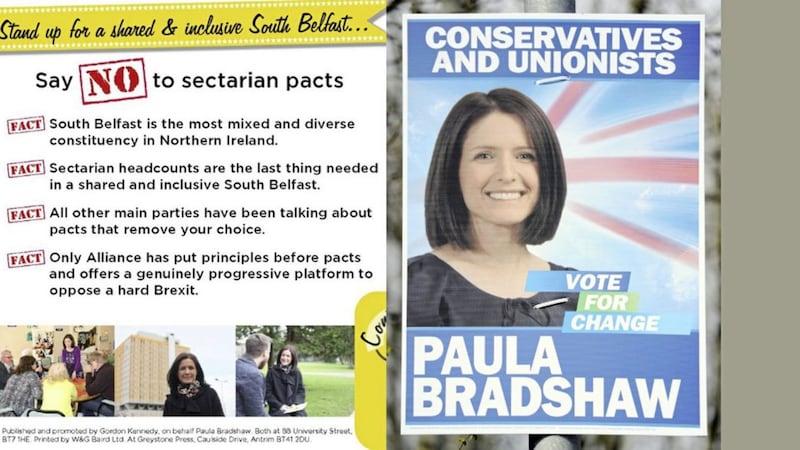 Paula Bradshaw&#39;s election literature for Alliance, left, and her election poster for the Conservatives and Unionists in 2010 