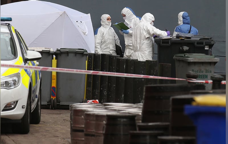 &nbsp;Forensic officers at the scene where a man died in Keylands Place in Belfast. Picture by Hugh Russell