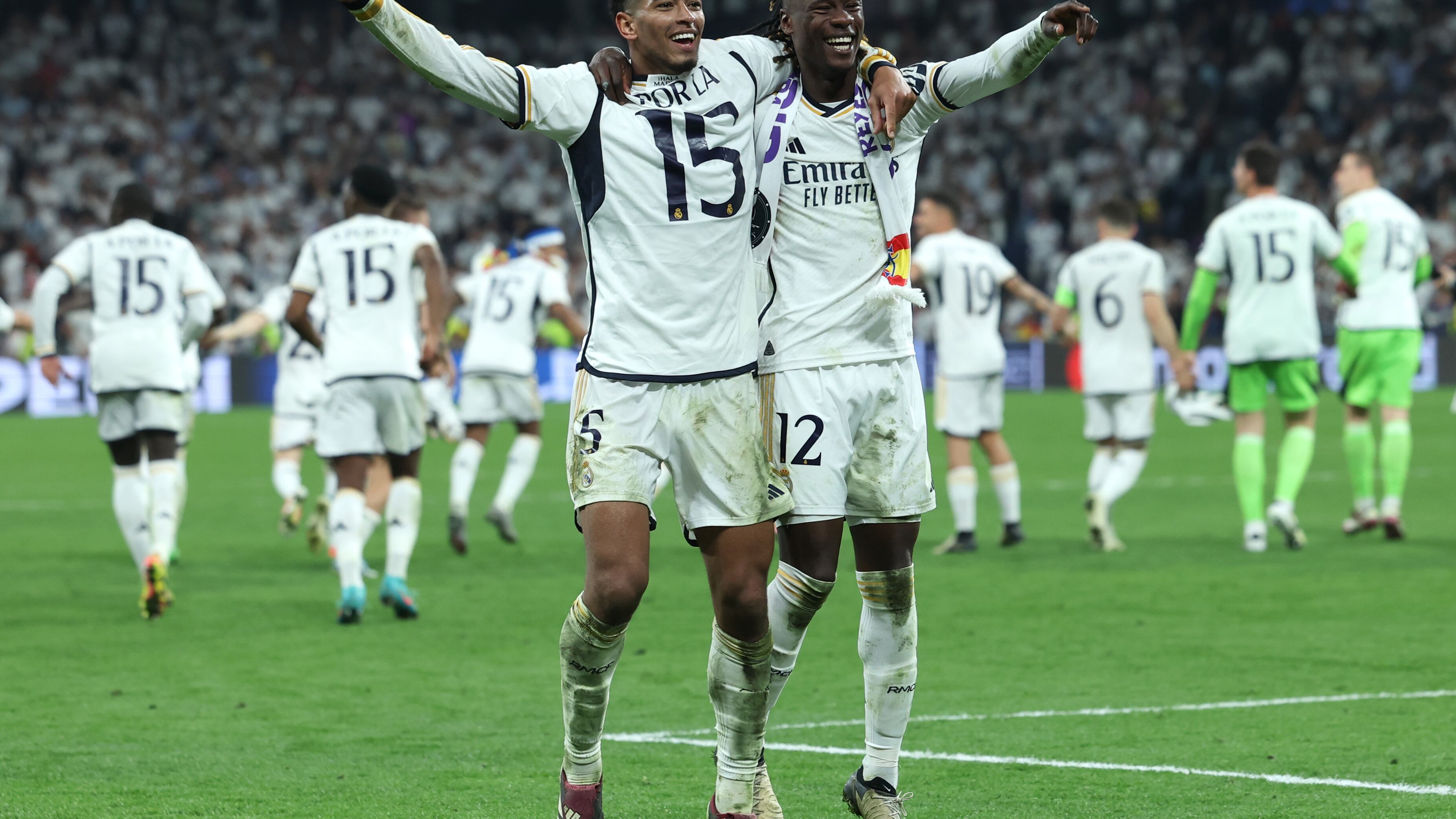 Jude Bellingham, left, and Eduardo Camavinga celebrate as Real Madrid now target a 15th European Cup title at Wembley on June 1
