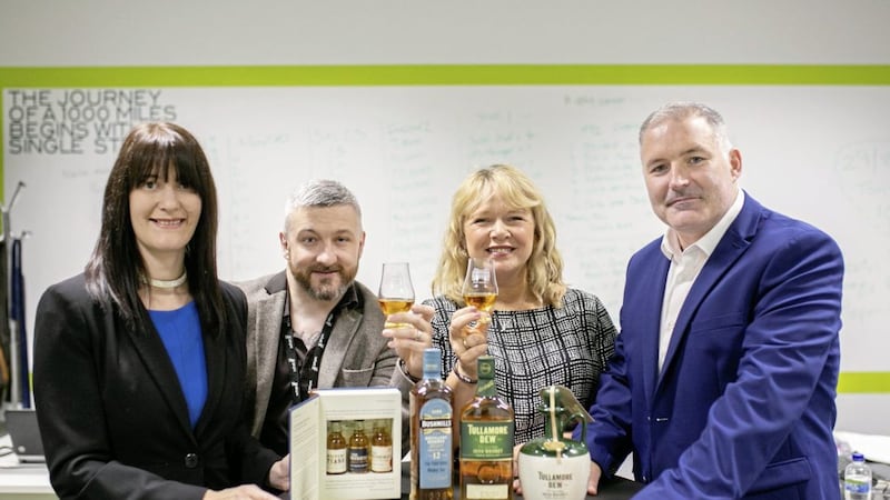David Kearns and Michael McCusker of Tour Ticket Ireland celebrate the launch of their new Irish Whiskey Tour with Innovation Factory innovation director Majella Barkley and centre manager Anna McDonnell. Photo: Brendan Gallagher 