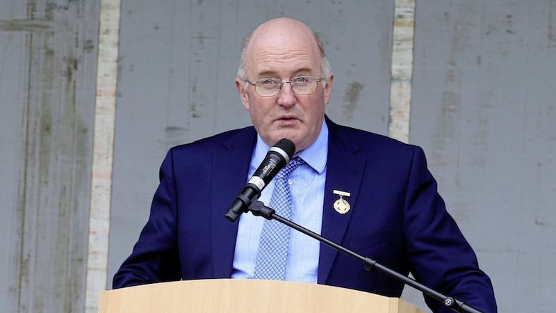 GAA President John Horan address the big before he officially opened the new ground at Tullylish GAC&#39;s 75th anniversary last Sunday. Pic Philip Walsh. 