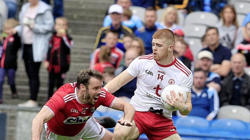 James Loughrey, wearing the colours of adopted county Cork, comes up against Tyrone&#39;s Cathal McShame during the 2019 All-Ireland Championship. Picture by Philip Walsh 