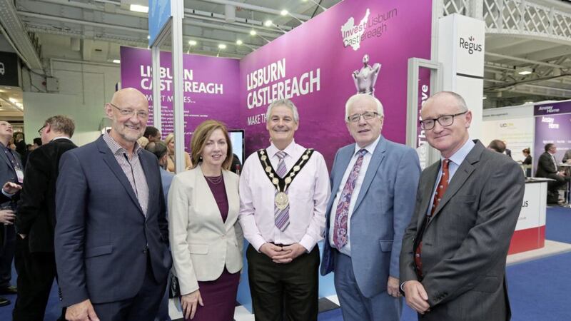 Championing Lisburn Castlereagh as a premier investment location in Northern Ireland are (from left) Brian Henning from Turkington Holdings, council chief executive Dr Theresa Donaldson, mayor Tim Morrow, development committee chair Allan Ewart and Neil McIvor from the Department for International Trade 