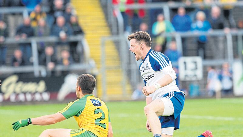 Monaghan&rsquo;s Conor McManus and Donegal&rsquo;s Paddy McGrath during Saturday night&rsquo;s Ulster SFC semi-final in Cavan<br />Picture by Philip Walsh