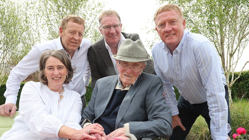 Barney O'Dowd on his 100th birthday with some of his family L-R Loughlin, Noel, Cathal and daughter Eleanor. Picture by Hugh Russell