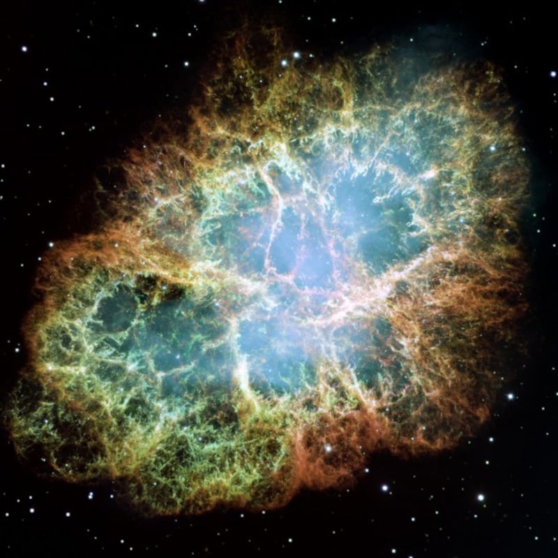 Image of Crab Nebula, assembled from 24 individual exposures, that was taken with the Hubble Space Telescope in 2005.