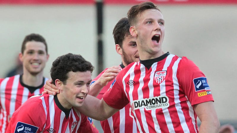 Derry City&#39;s Seanan Clucas (right) celebrates his equaliser in Friday night&#39;s match against Sligo Rovers at the Brandywell Picture: Margaret McLaughlin 