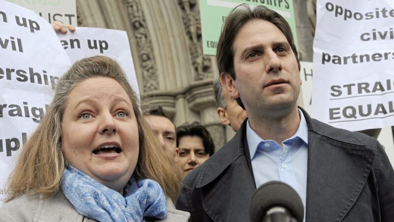 Rebecca Steinfeld and Charles Keidan outside the Royal Courts of Justice, London, after they lost their latest battle for the right to enter into a civil partnership PICTURE: Charlotte Ball/PA 