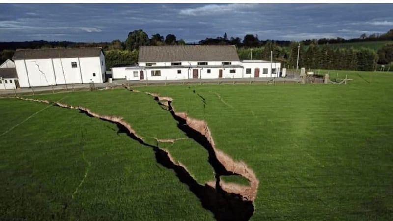 The damage caused by a sinkhole at Magheracloone Mitchells GAC, Co Monaghan. Picture: Niamh Kindlon 