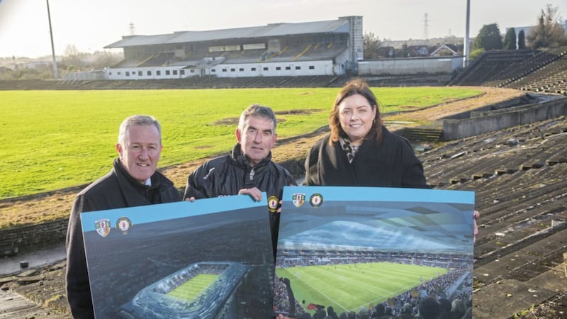 NI Finance Minister Conor Murphy and Tom Daly, chairman of Casement Park Stadium Development Project Board, with Communities Minister Deirdre Hargey.