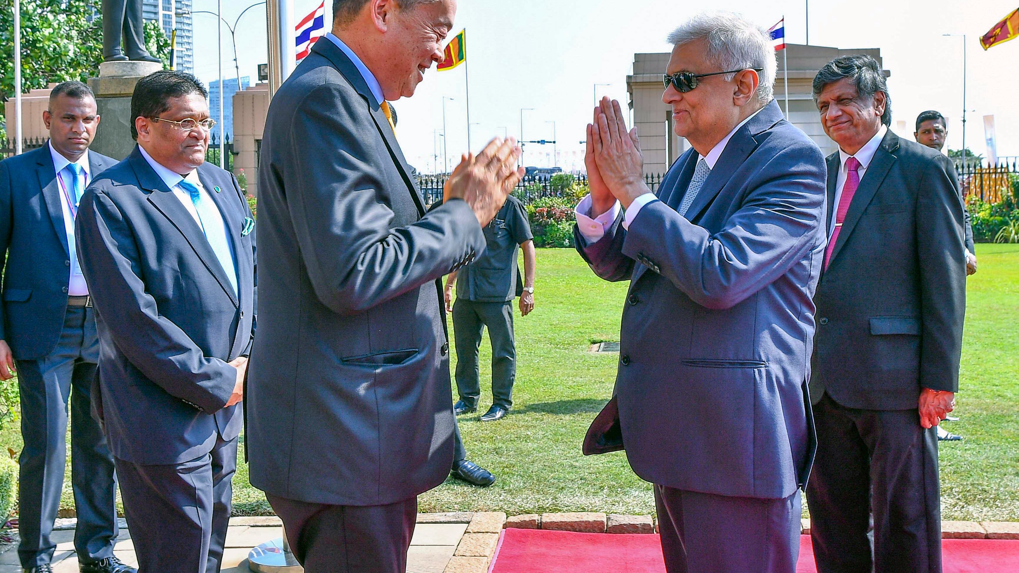 Sri Lanka President Ranil Wickremesinghe, right, receives Thai Prime Minister Srettha Thavisin (Sri Lanka President’s Office/AP)