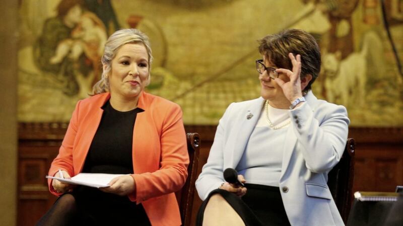 The DUP&#39;s Arlene Foster and Sinn F&eacute;in&#39;s Michelle O&#39;Neill, pictured at last October&#39;s Conservative Party conference, vied this week to see who could be the most self-delusional 