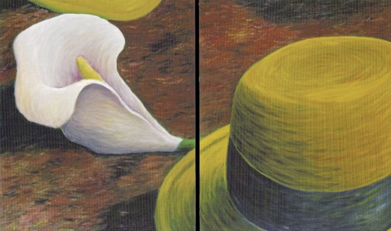Micky Donnelly&#39;s early work often set Irish cultural images such as lilies and hats against abstracted backgrounds, such as the 1987 work Lily Among the Hats 