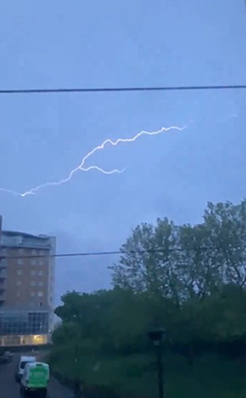 Picture taken with permission from the Twitter feed of @DylanAtLarge of lightning seen in the skies over Bow, east London