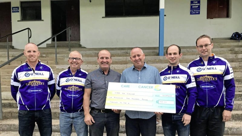 St Dympna&rsquo;s, Dromore recently presented a cheque for &pound;1,500 to Care for Cancer following on from the successful &lsquo;Dromore to the 4&rsquo; cycle fundraiser. Pictured, from left, are: Liam O&rsquo;Neill (Dromore children&rsquo;s officer), Gaby O&rsquo;Donnell (cycle organising committee), Kevin O&rsquo;Neill (O&rsquo;Neill Mechanical and Electrical Services, main sponsor), Ivan Gilmour (Care for Cancer), Aodhan O&rsquo;Donnell (Dromore. treasurer) and Gerry Hannigan (Dromore chairman) 