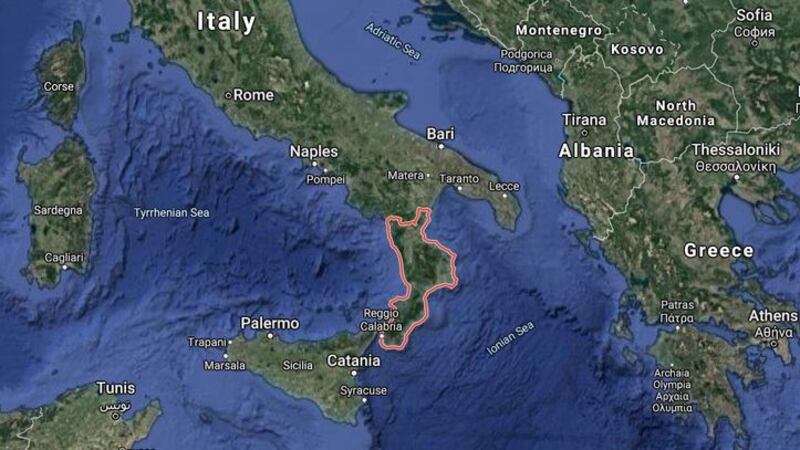 &nbsp;Calabria is in the south west of Italy, in the 'toe' of the country. Picture from Google Maps