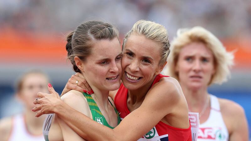 Ireland's Ciara Mageean (left) is congratulated by Norway's Ingvill Makestad Bovim after finishing third in the Women's 1500m