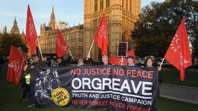 Campaigners from the Orgreave Truth and Justice Campaign on College Green, London, after Home Secretary Amber Rudd announced there will be no official inquiry into the 1984 clash between police and miners at Orgreave. Picture by Nick Ansell, Press Association