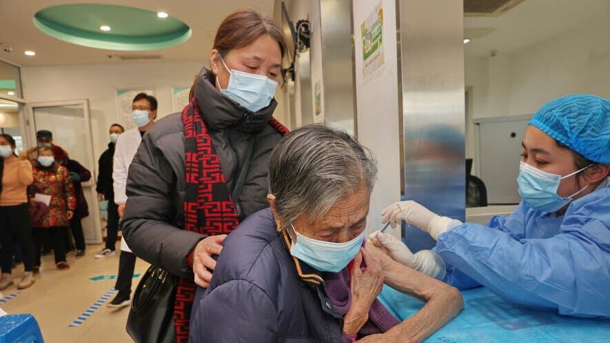 A nurse gives a Covid vaccine in Nantong in eastern China’s Jiangsu province (Chinatopix Via AP)