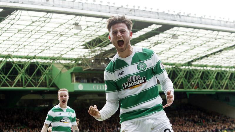 Patrick Roberts celebrates scoring Celtic's second goal in their 3-1 win against Hearts on Saturday