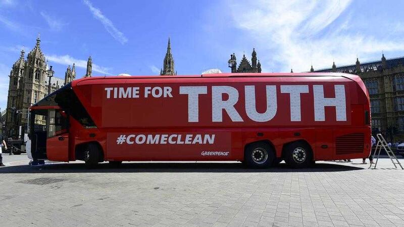 The Vote Leave referendum bus is overhauled in Old Palace Yard, London. Picture by Lauren Hurley, Press Association 