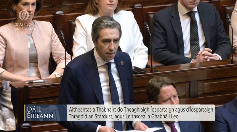 Screen grab taken from Oireachtas TV of Taoiseach Simon Harris in Dail Eireann issuing a state apology to the families of the victims of the Stardust fire