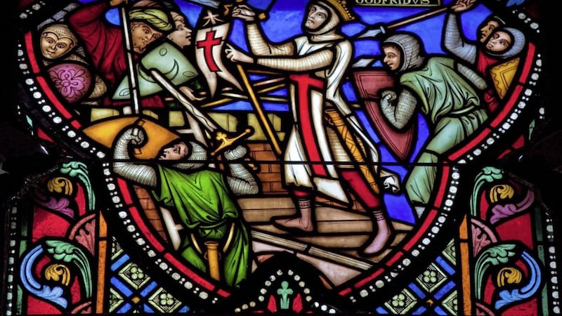 Godfrey of Bouillon (1060-1100) was a medieval Frankish knight who was one of the leaders of the First Crusade from 1096 until his death. This stained glass window in the cathedral of Brussels - created in 1866 - depicts the Siege of Jerusalem by the Crusaders in the 11th century. The Crusades are a notorious example of religious wars, and of the violence that has been perpetrated in the name of God throughout history. 