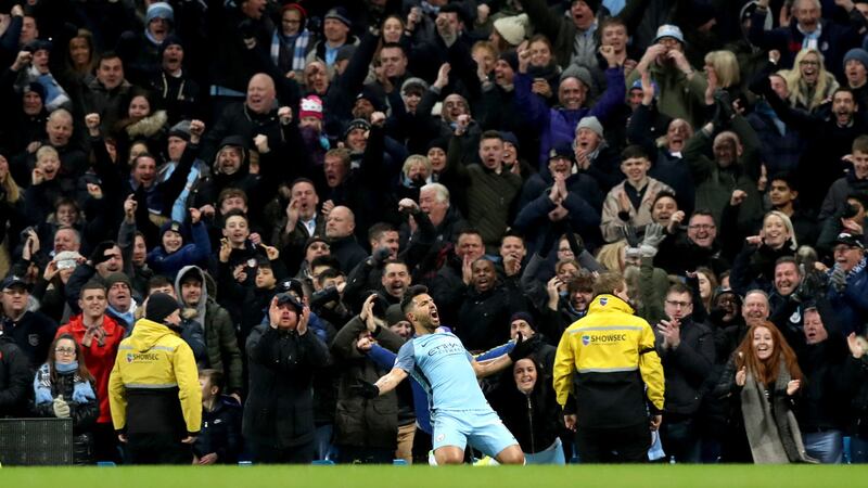 Manchester City's Sergio Aguero celebrates scoring what turned out to be the winner in Monday's Premier League game against Burnley at the Etihad<br />Picture by PA&nbsp;