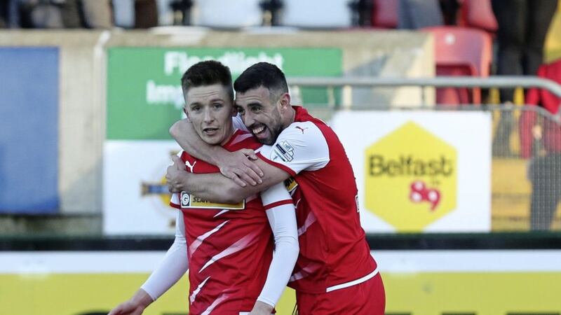Cliftonville&#39;s match winner Ryan Curran celebrates with team-mate Joe Gormley at Solitude Picture by Desmond Loughery/Pacemaker 