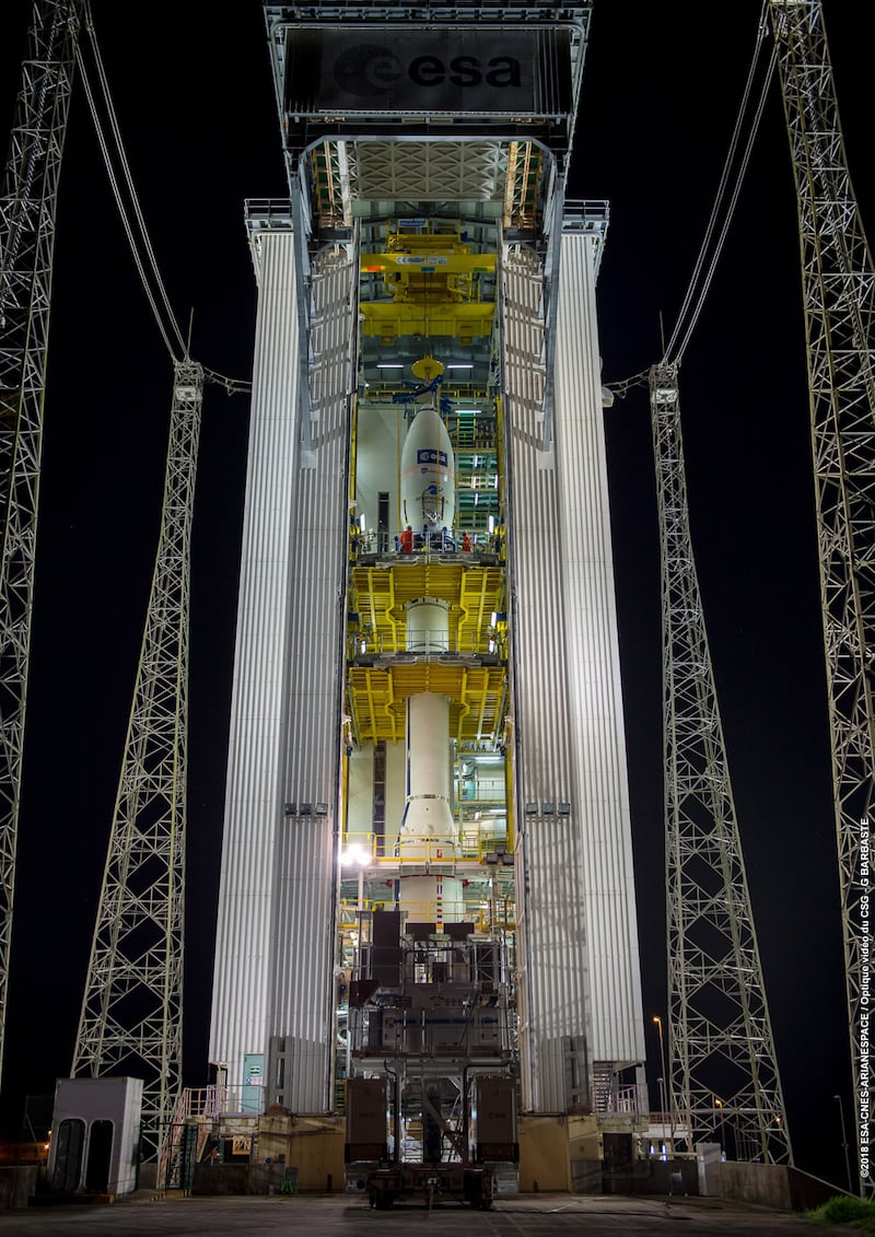 Aeolus ready in the launch tower ahead of lift-off (ESA/CNES/Arianespace/PA)