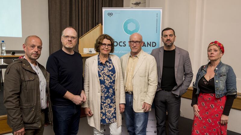 From left, Barry McCaffrey, Trevor Birney, Susan McKay, Alex Gibney, Sean Murray, and Kathyrn Johnston before a discussion in the Ulster Museum hosted by Docs Ireland, on freedom of the press. Picture by Liam McBurney/PA