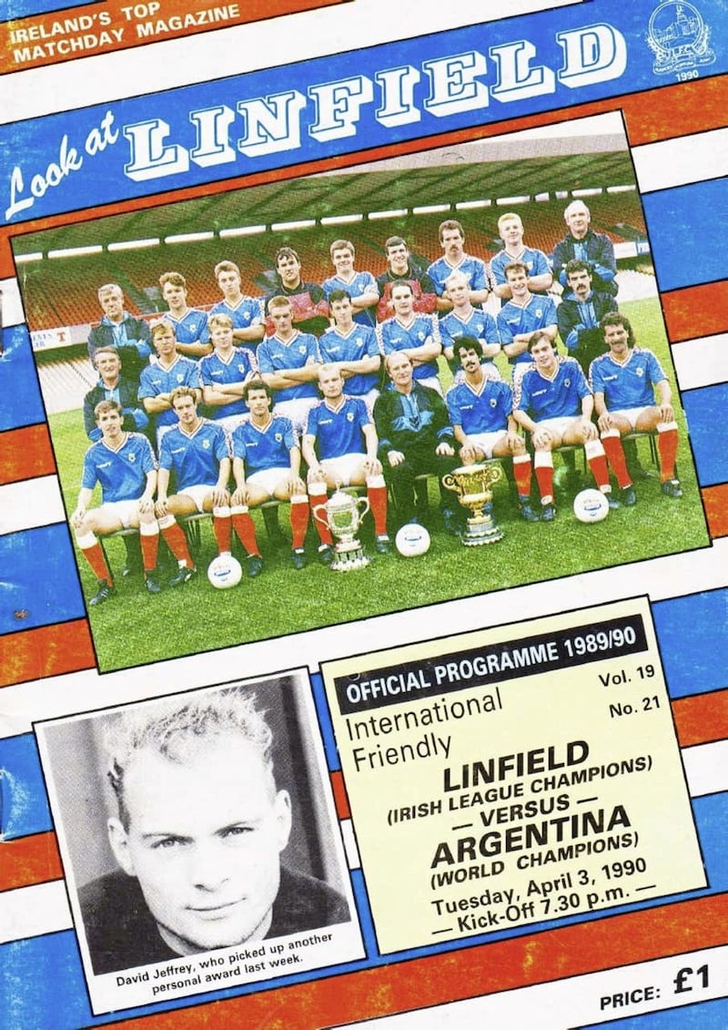 The front cover of the match programme, featuring a picture of Linfield club captain David Jeffrey, who didn&#39;t play that night 