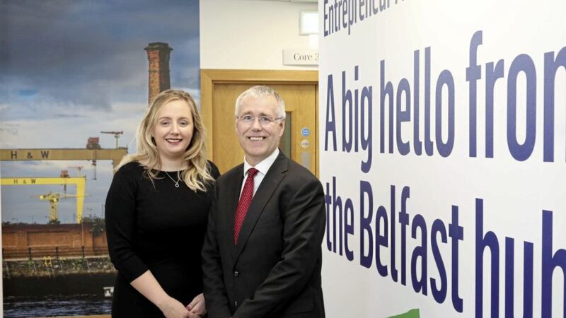 Pictured in the new Belfast hub, now housed in the Ulster Bank&rsquo;s main headquarters is regional director of entrepreneurship, Lynsey Cunningham and Ulster Bank&rsquo;s head of Northern Ireland, Richard Donnan. 