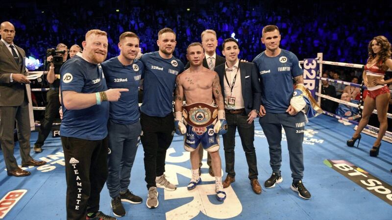 Jamie Moore (second from left) admits he is still awaiting confirmation of Carl Frampton&#39;s August opponent 