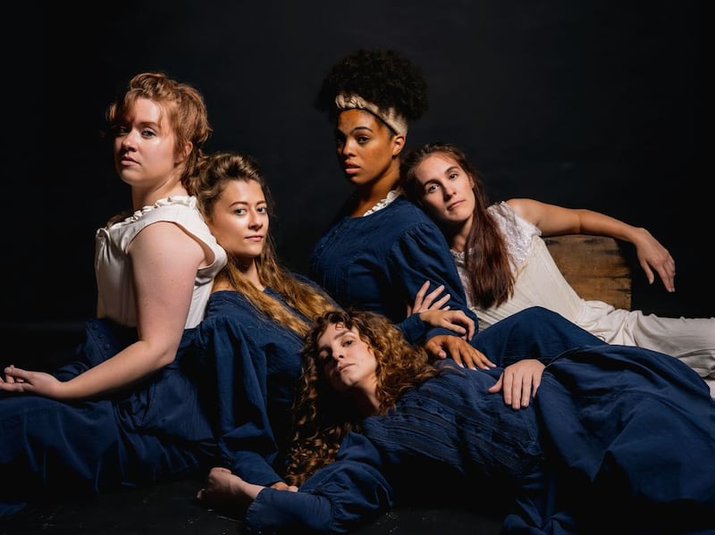 A group shot of five members of the cast from the Irish Classical Theatre production of Belfast Girls that was staged recently in New York