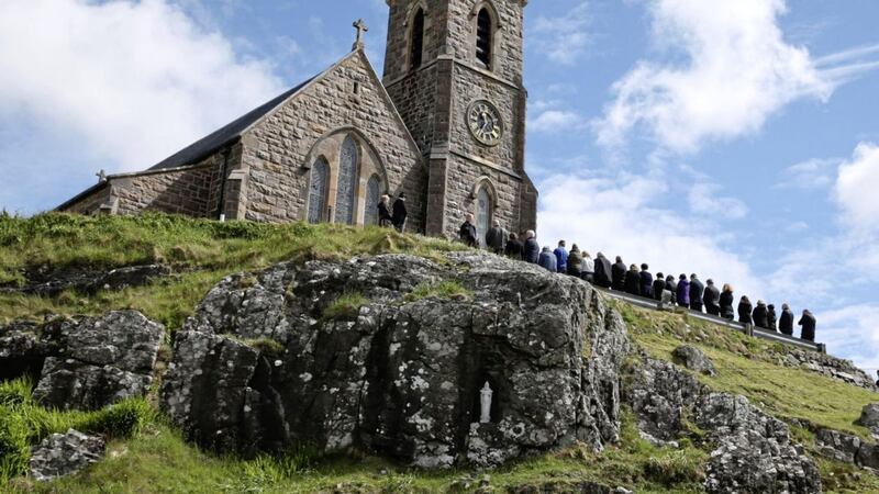 Mourners gather outside the Church of Our Lady, Star of the Sea to listen to the funeral service of Manchester bomb victim Eilidh MacLeod in Castlebay on the island of Barra. Picture by Andrew Milligan, Press Association 