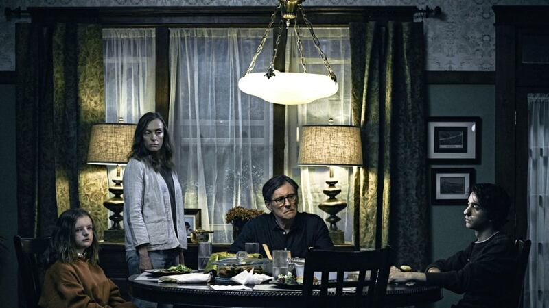 Milly Shapiro, Toni Collette, Gabriel Byrne and Alex Wolff in Hereditary 