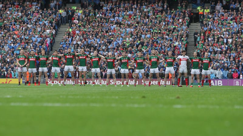 Mayo stand for Amhran na bhFiann before the drawn decider two weeks ago.