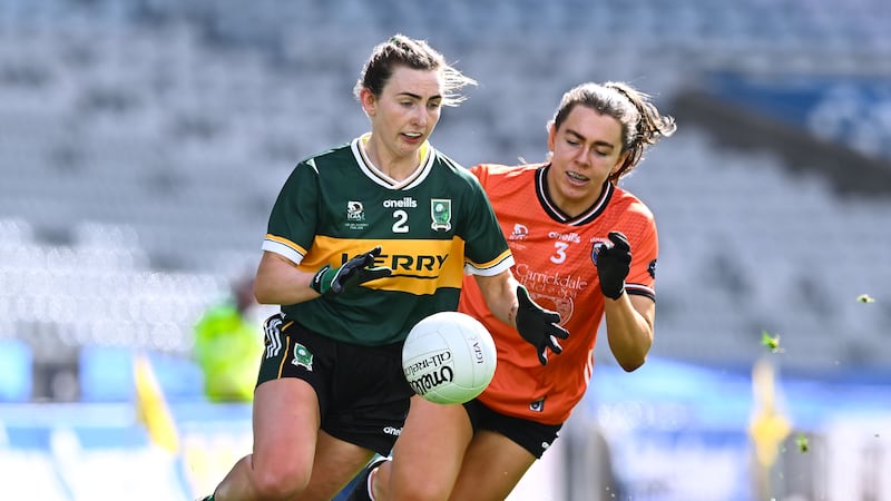 Cáit Lynch of Kerry in action against Clodagh McCambridge of Armagh during the Lidl LGFA National League Division 1 final match between Armagh and Kerry at Croke Park in Dublin. Photo by Piaras Ó Mídheach/Sportsfile *** NO REPRODUCTION FEE ***