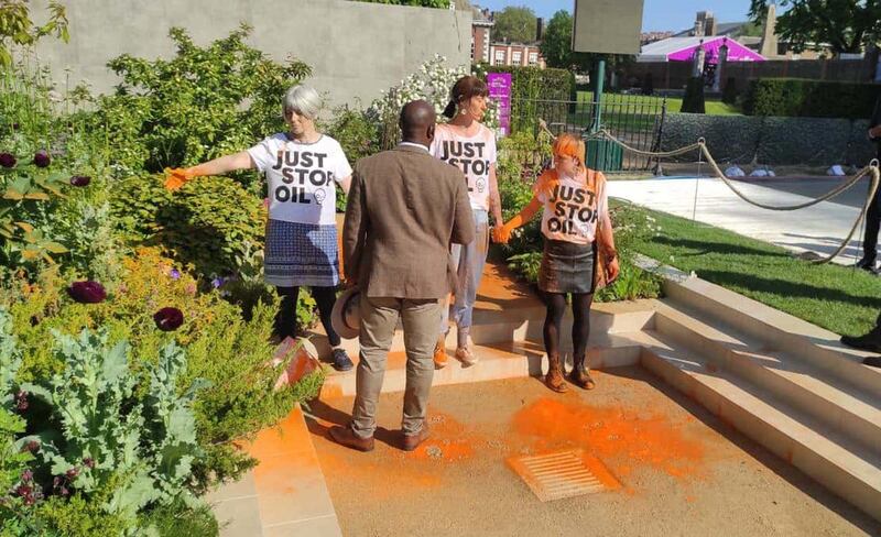 Three protesters at Chelsea Flower Show who have been arrested on suspicion of criminal damage in connection with a Just Stop Oil protest 