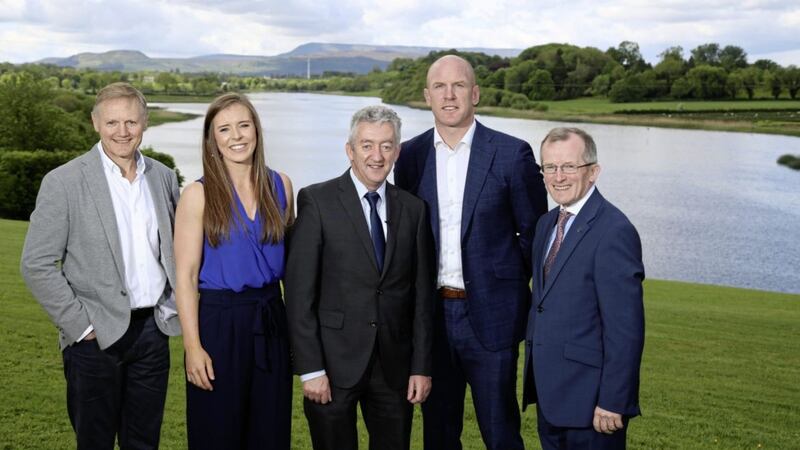 Joe Schmidt, Claire McLaughlin, John McGrillen Tourism NI chief executive, Paul O&rsquo;Connell and Niall Gibbons, Tourism Ireland CEO at the Northern Ireland tourism conference in the Killyhevlin Hotel.Picture by Darren Kidd / Press Eye 